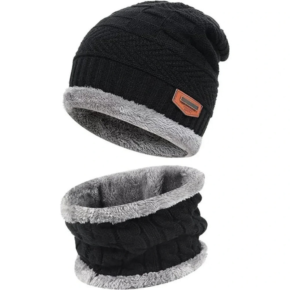 Kids Boys Girls Winter Warm Knit Beanie Hat Cap Neck Scarf Set with Fleece - Picture 1 of 6